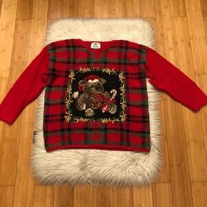 Vintage Tiara Christmas Plaid Santa Teddy Bear Metallic Red Green Ugly Sweater M